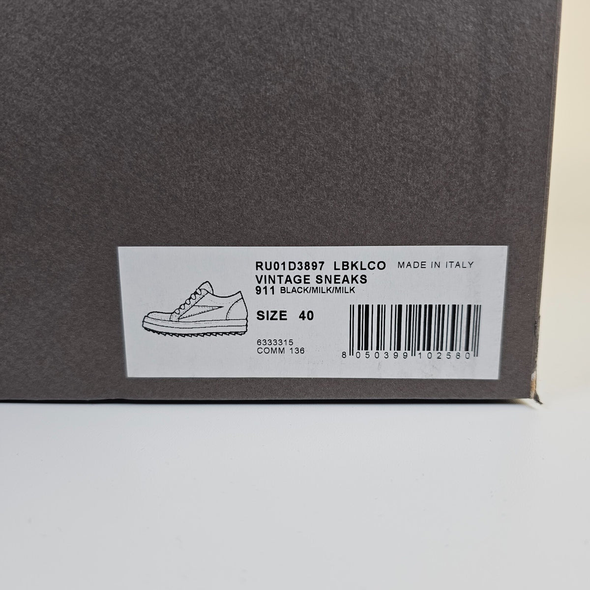 RICK OWENS Vintage Black/Milk Nubuck/Grained Leather Sneakers New Size 40 US 7