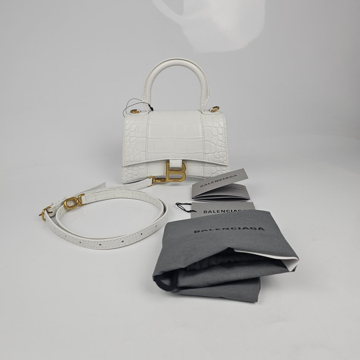 BALENCIAGA XS Hourglass Embossed White Leather Bag New