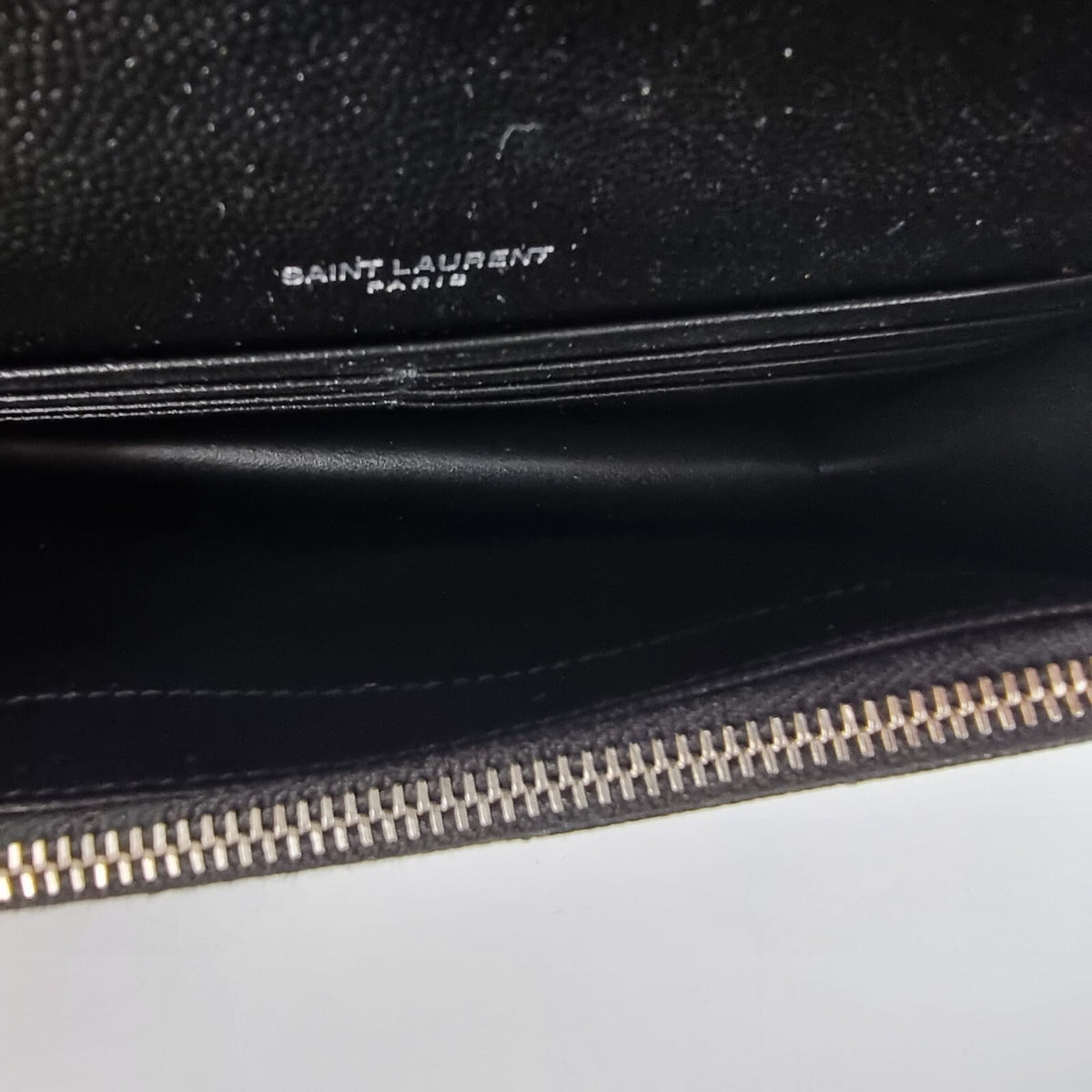SAINT LAURENT Cassandre Envelope Black/Silver Grained Leather Chain Wallet New