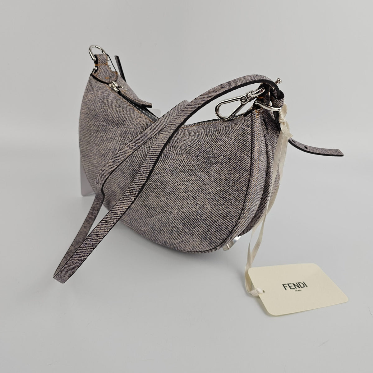 FENDI Fendigraphy Mini $2400 Gray Leather Denim Top Handle Bag New & Authentic