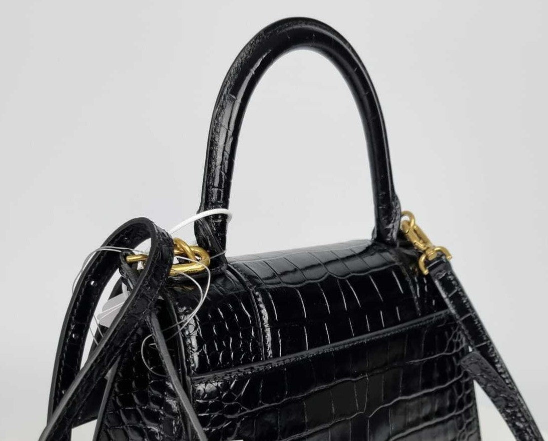 BALENCIAGA Hourglass Small $3000 Black Embossed Leather Top Handle Bag New