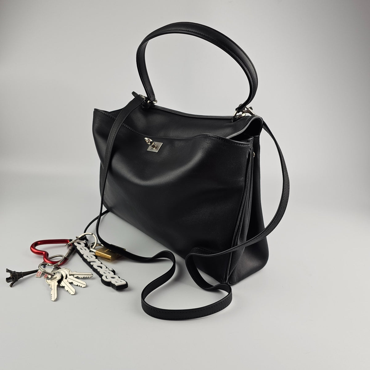 BALENCIAGA Rodeo Medium $5600 Black With Charm Leather Handbag New And Authentic