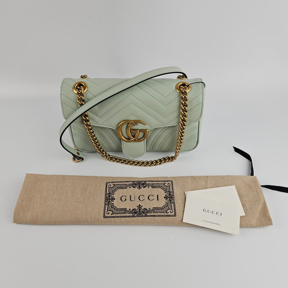 Gucci Marmont Medium GG $2850 Pale Green Leather Shoulder Bag New And Authentic