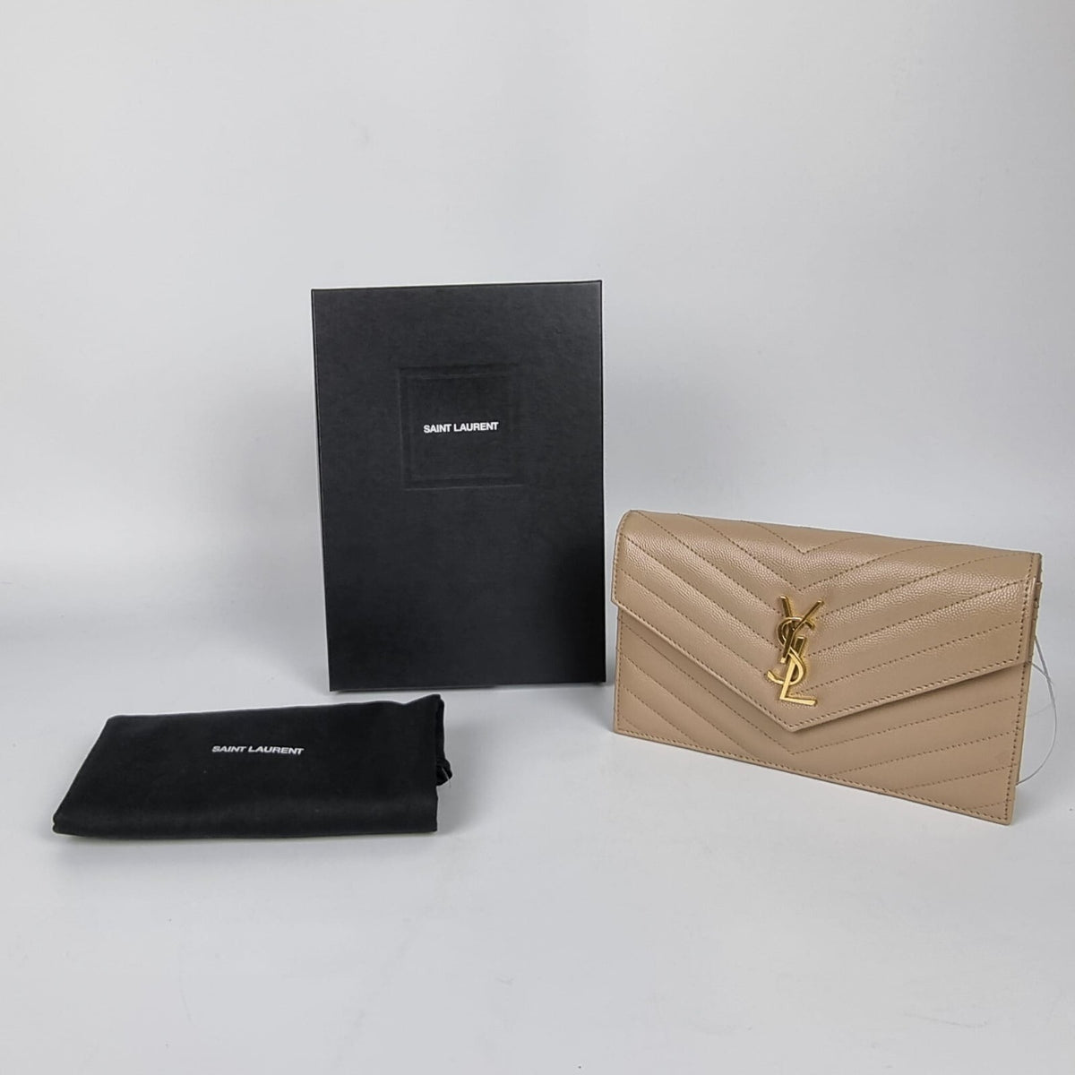 SAINT LAURENT Cassandre Envelope Dark Beige Grained Leather Chain Wallet New