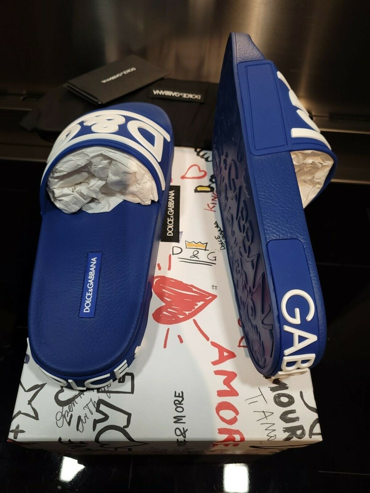 DOLCE&GABBANA Rubber Blue/White Slide Sandals New Size 39 US 6