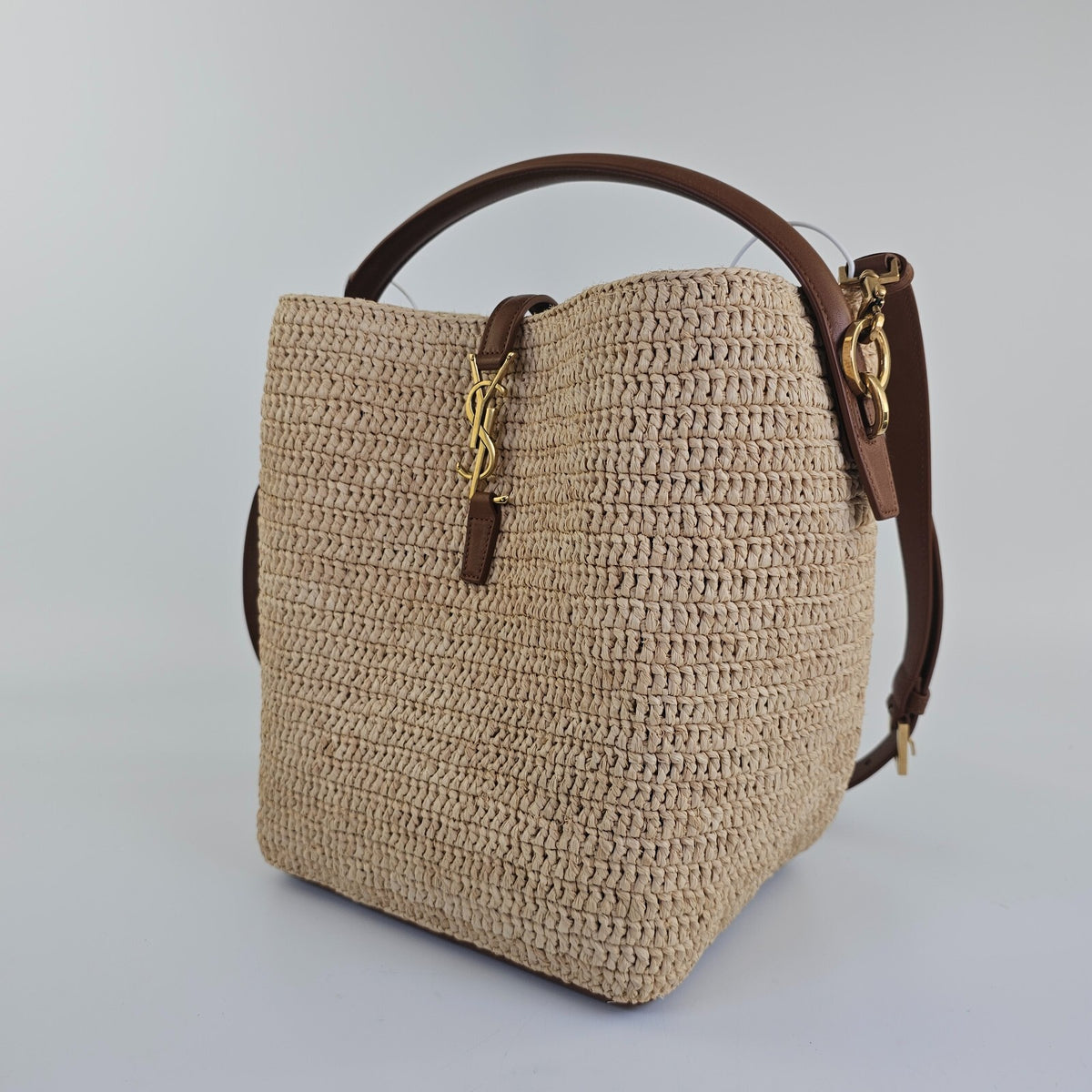 Saint Laurent Le 37 Medium $3200 Naturel/Brown Raffia Bucket Bag New & Authentic