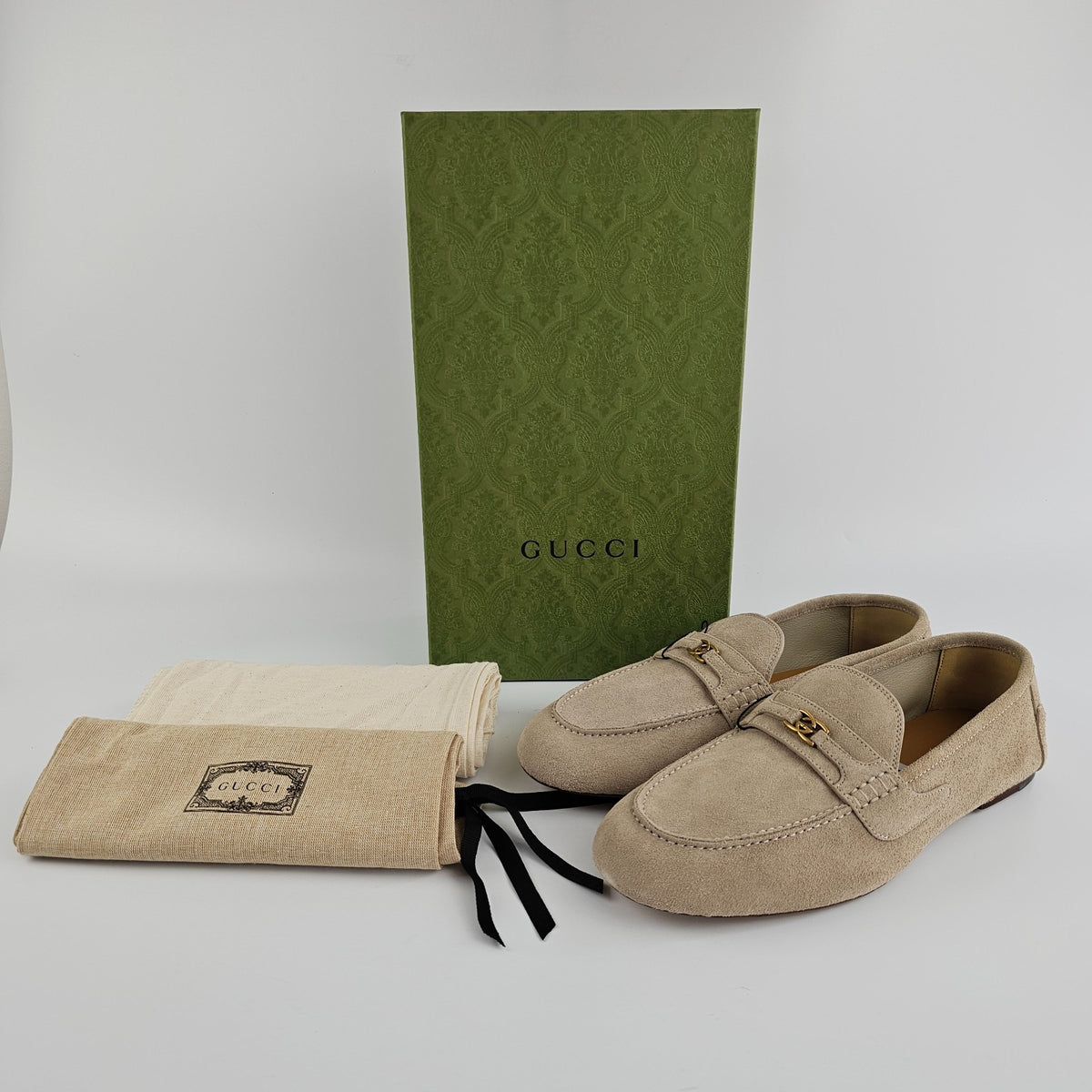 GUCCI San Andres Men's Oatmeal Suede Loafers New & Authentic