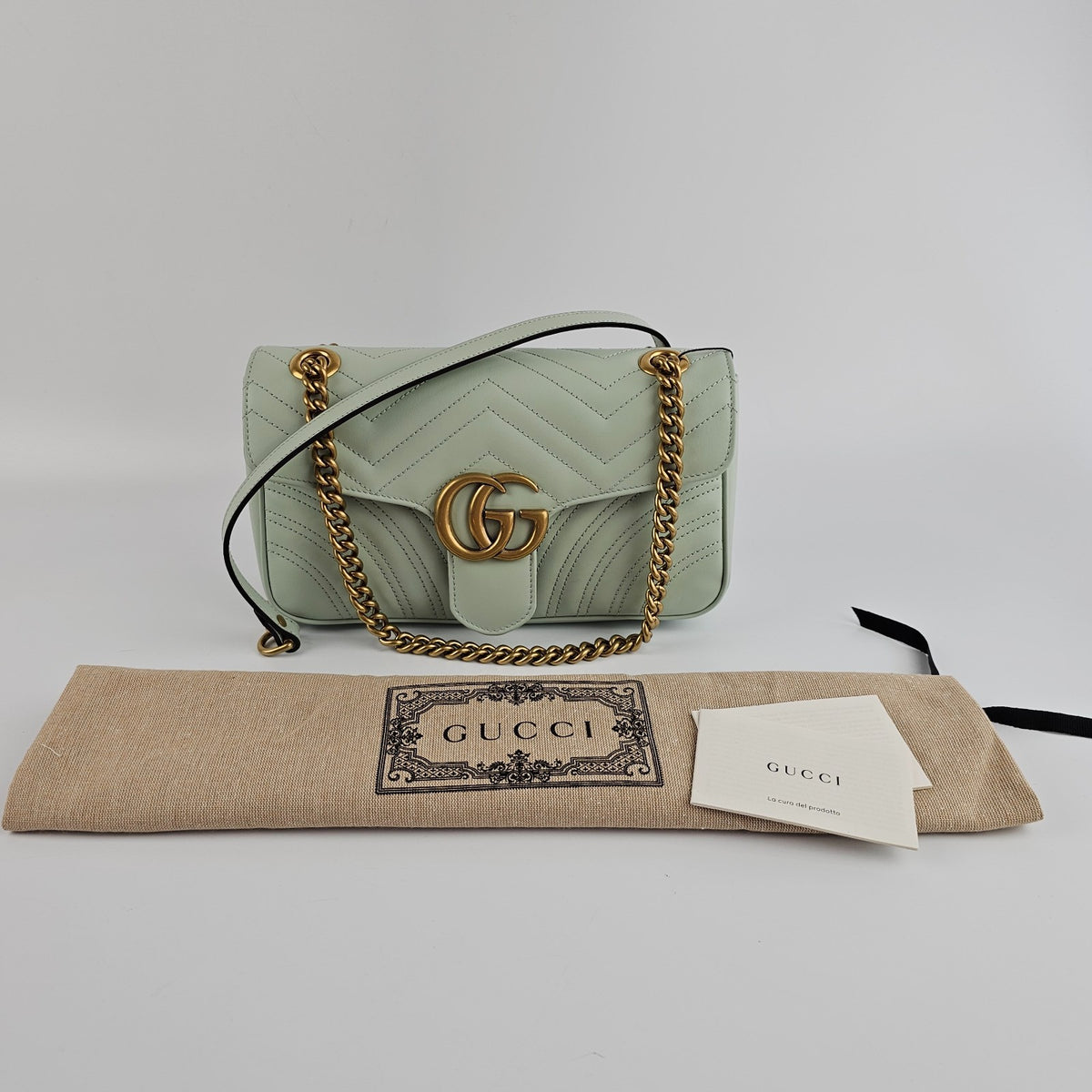 Gucci Marmont Medium GG $2850 Pale Green Leather Shoulder Bag New And Authentic