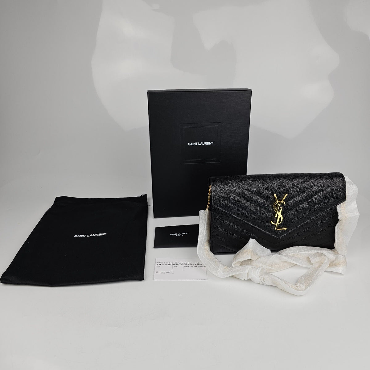 SAINT LAURENT Cassandre Classic Black/Gold Grained Leather Chain Wallet New