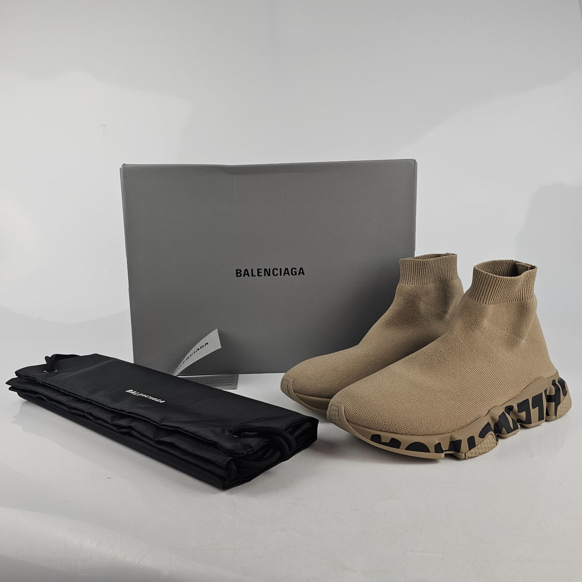 BALENCIAGA Speed LT Men's Graffiti Beige/Black Sneakers New Size 44 US 11