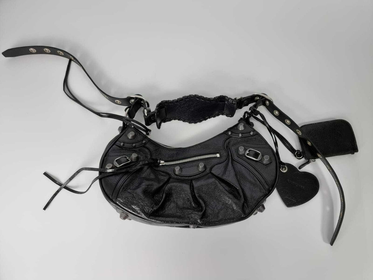 BALENCIAGA Small Le Cagole Black Leather Shoulder Bag New