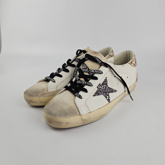 GOLDEN GOOSE Super Star Women's White/Gold Glitter Sneakers New & Authentic