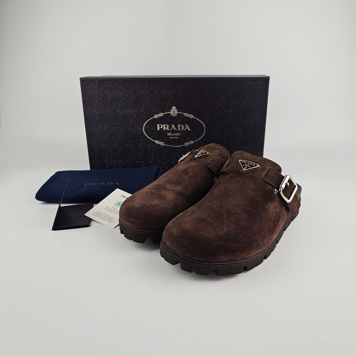 PRADA $1170 Dark Brown Suede Mules New & Authentic
