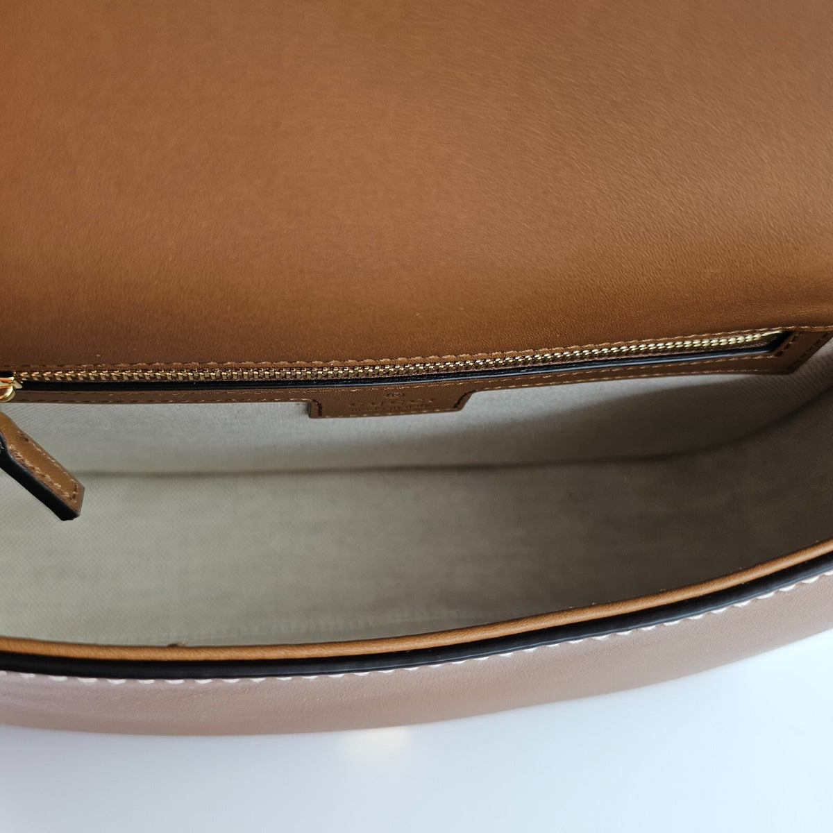 GUCCI Blondie Medium $3900 Natural Cotton And Brown Leather Top Handle Bag New
