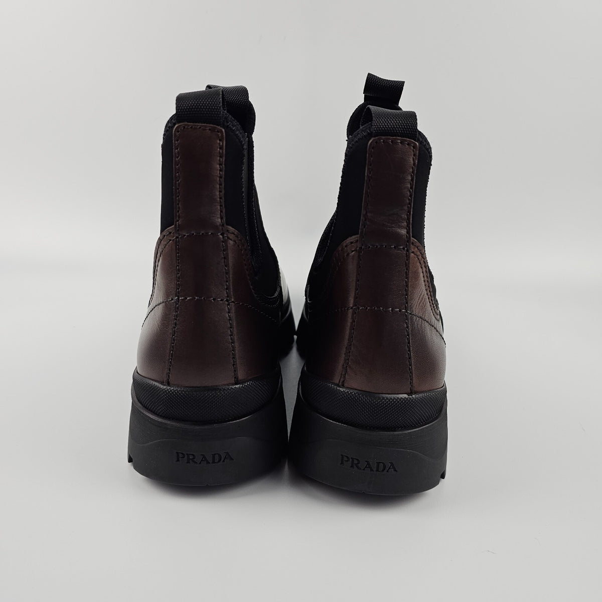 PRADA $1450 Ebony Brown Leather And Stretch Fabric Chelsea Boots New/Authentic
