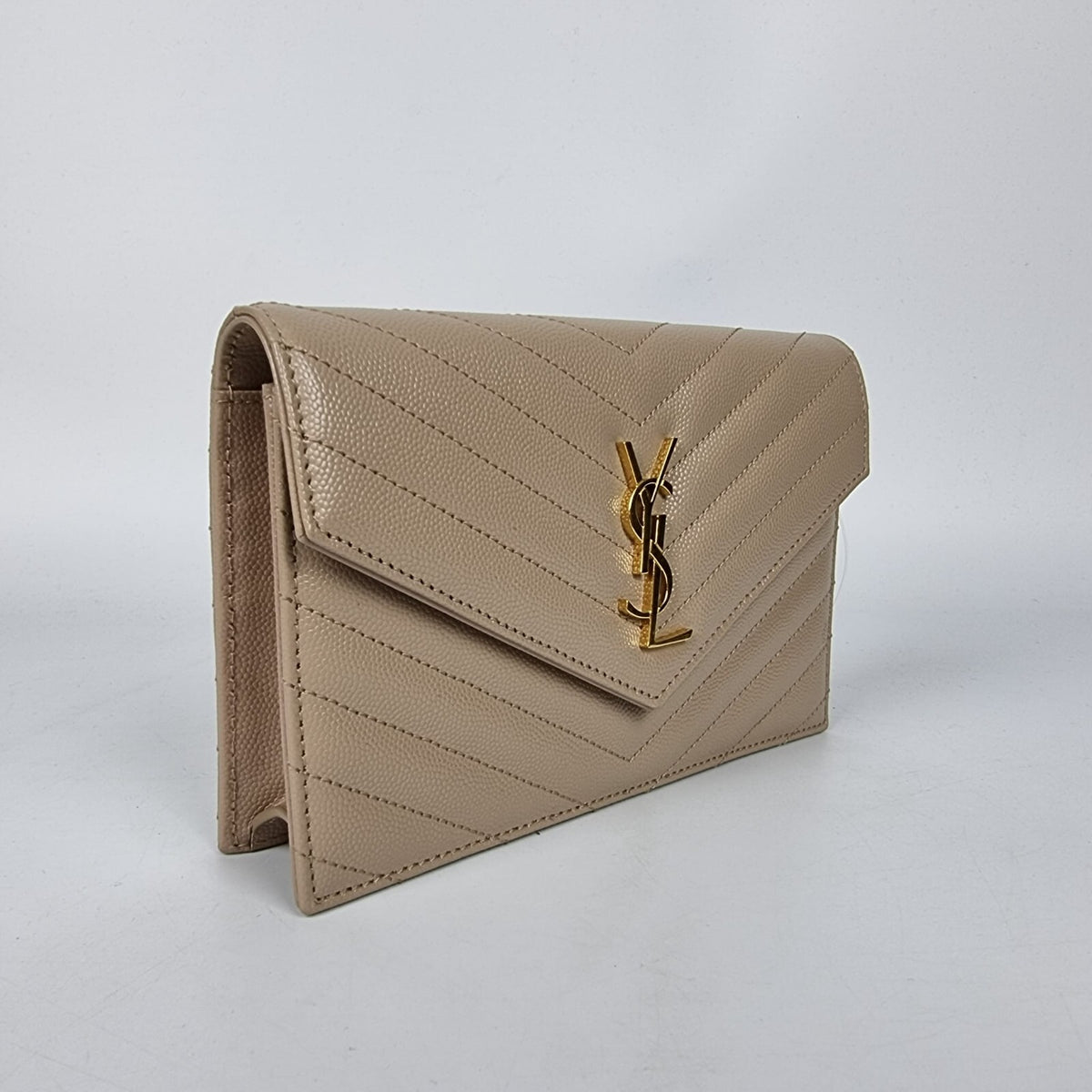 SAINT LAURENT Cassandre Envelope Dark Beige Grained Leather Chain Wallet New
