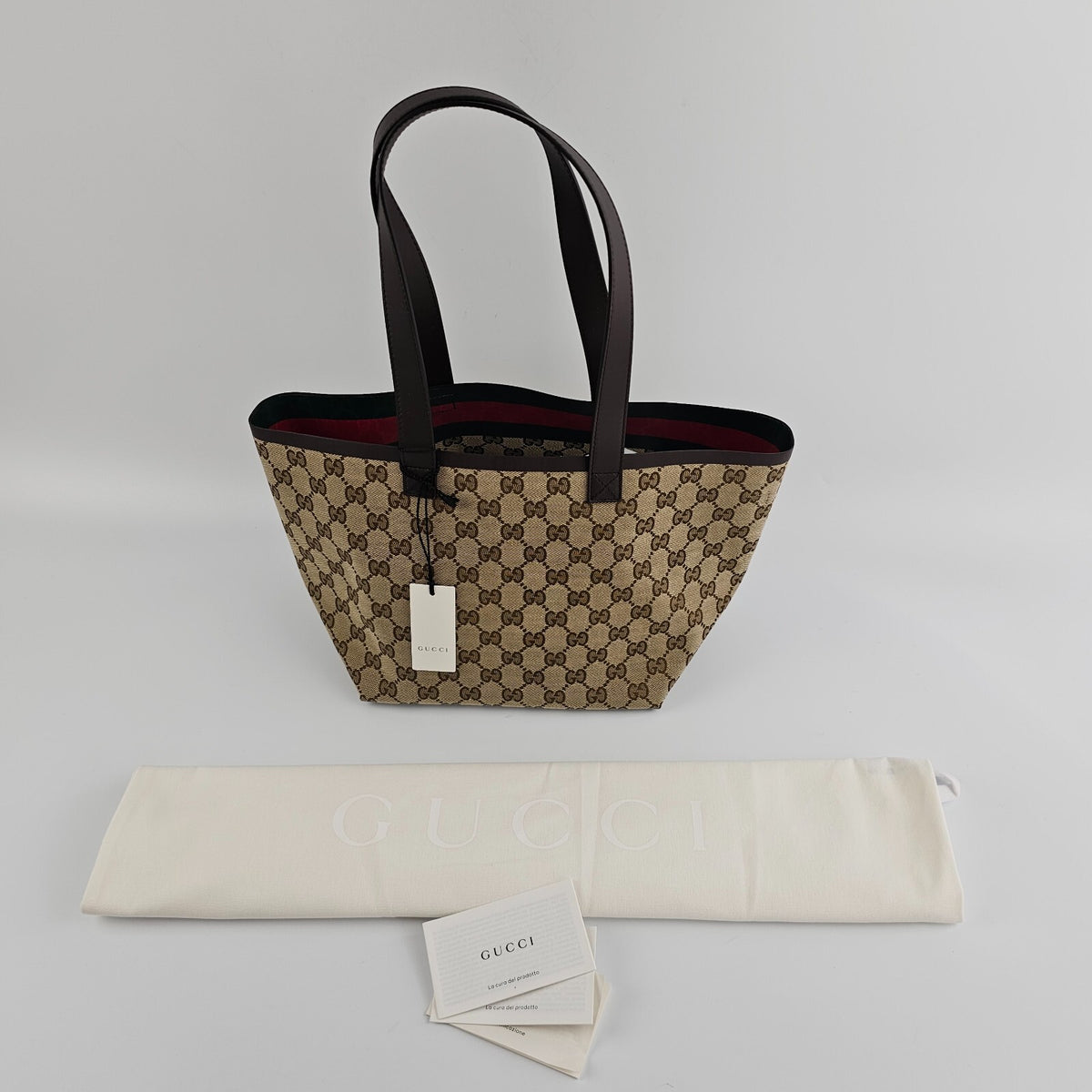 GUCCI Totissima Small $2100 Beige And Ebony GG Canvas Tote Bag New & Authentic