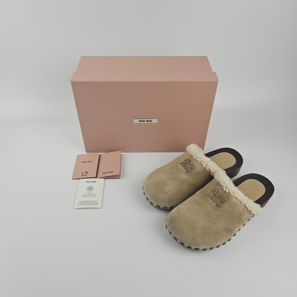MIU MIU Desert Beige Shearling Clogs New & Authentic