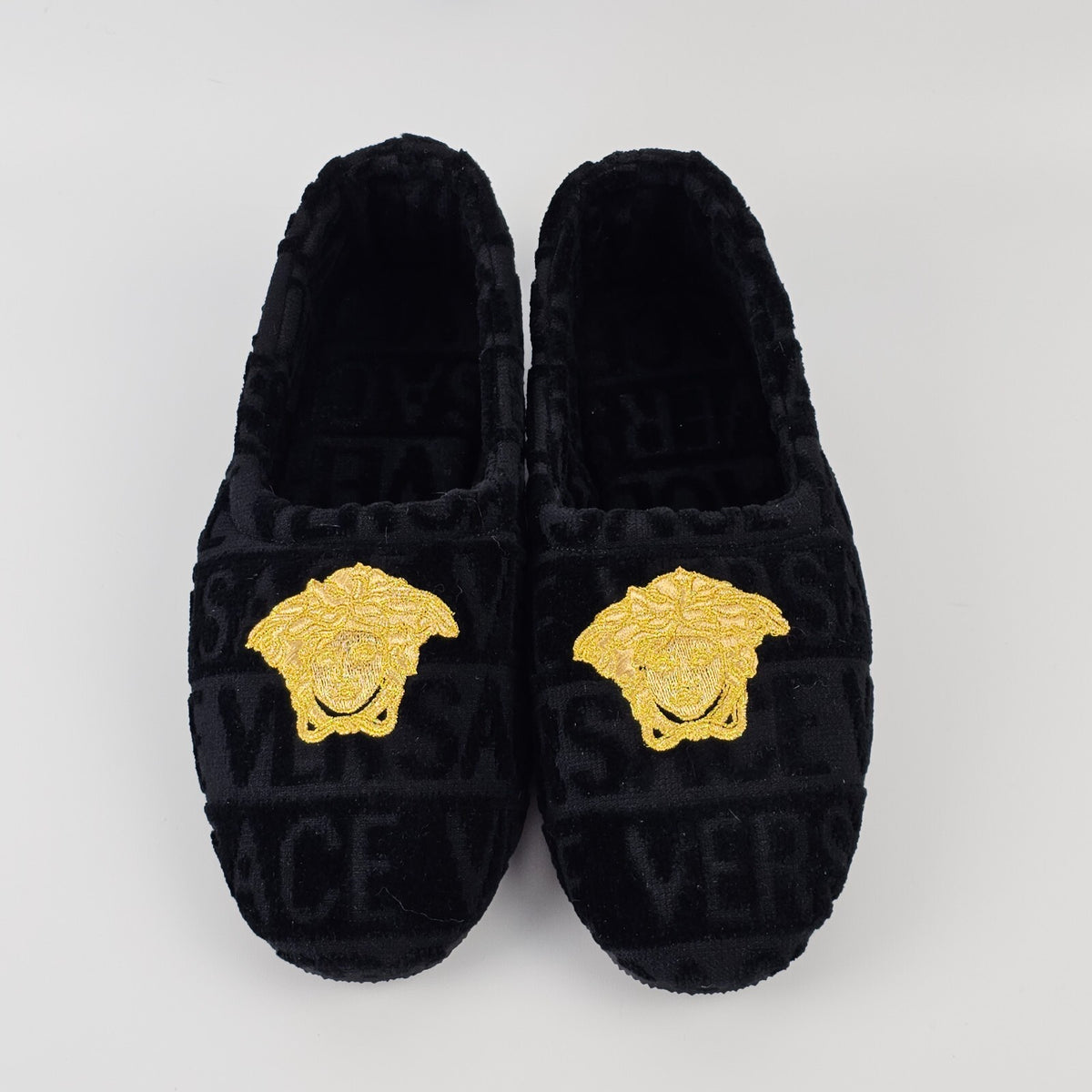 VERSACE Allover Black Cotton Slippers New