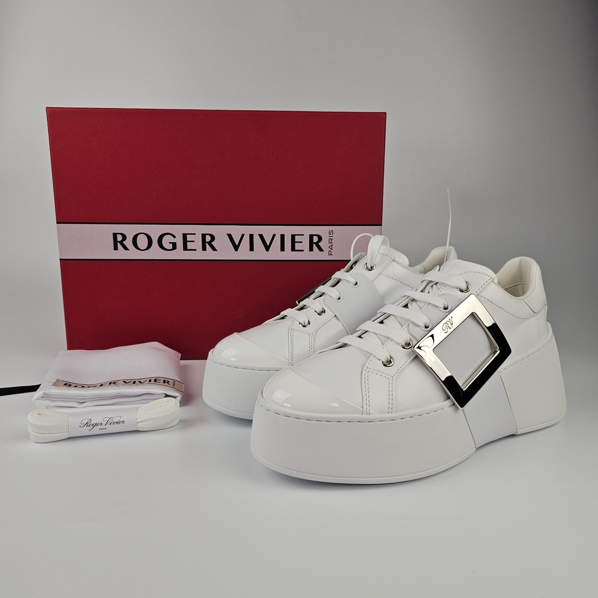 ROGER VIVIER Viv Skate White Leather Sneakers New